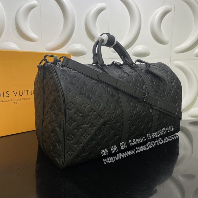 Lv路易威登2023專櫃新款Keepall BANDOULIèRE50旅行袋 LV黑色壓花牛皮男士旅行包 M59025 ydh5198